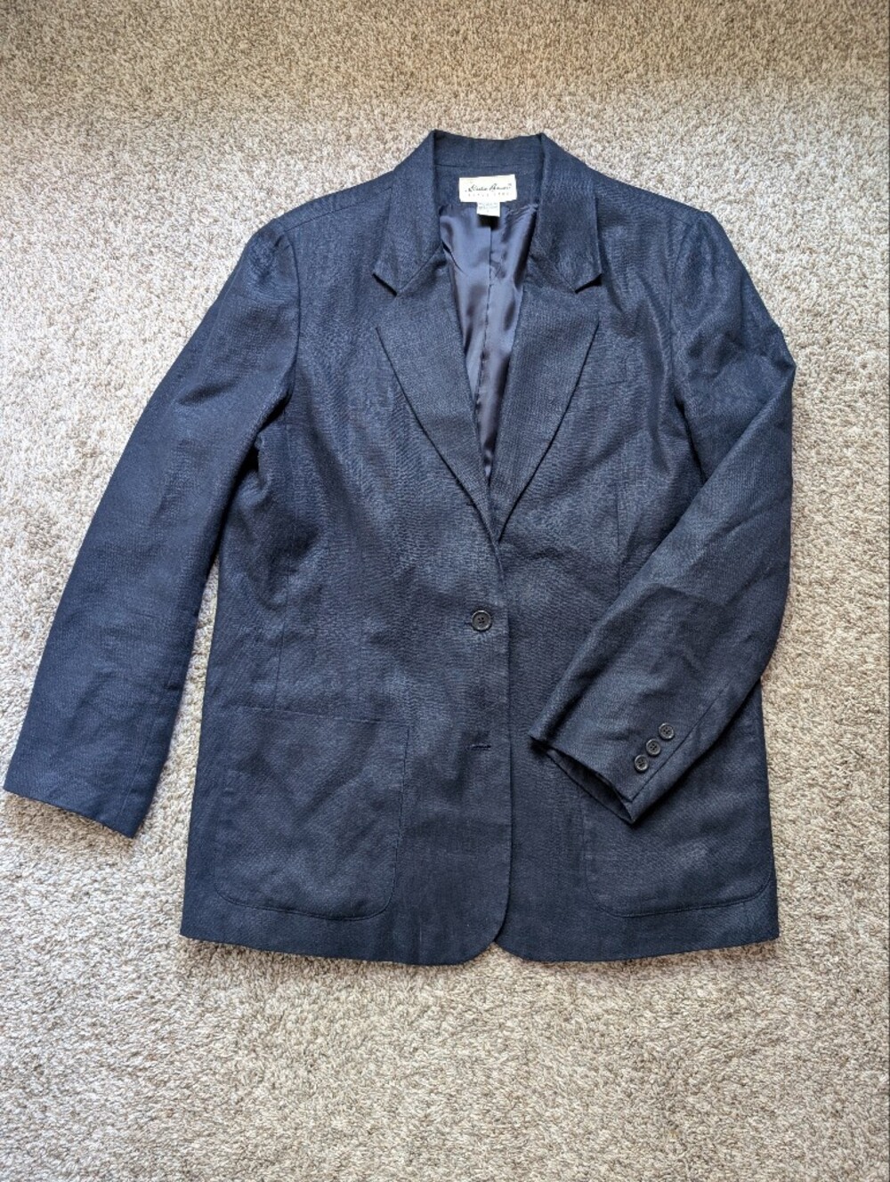 Eddie Bauer 100% Linen Women's Two Button Blazer Jacket Navy Blue Sz L Preppy